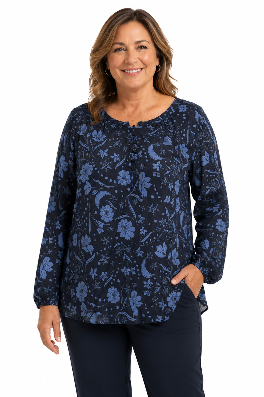 Ann Taylor Loft Navy Floral Long Sleeve Lightweight 100% Cotton Shirt Top sz XL